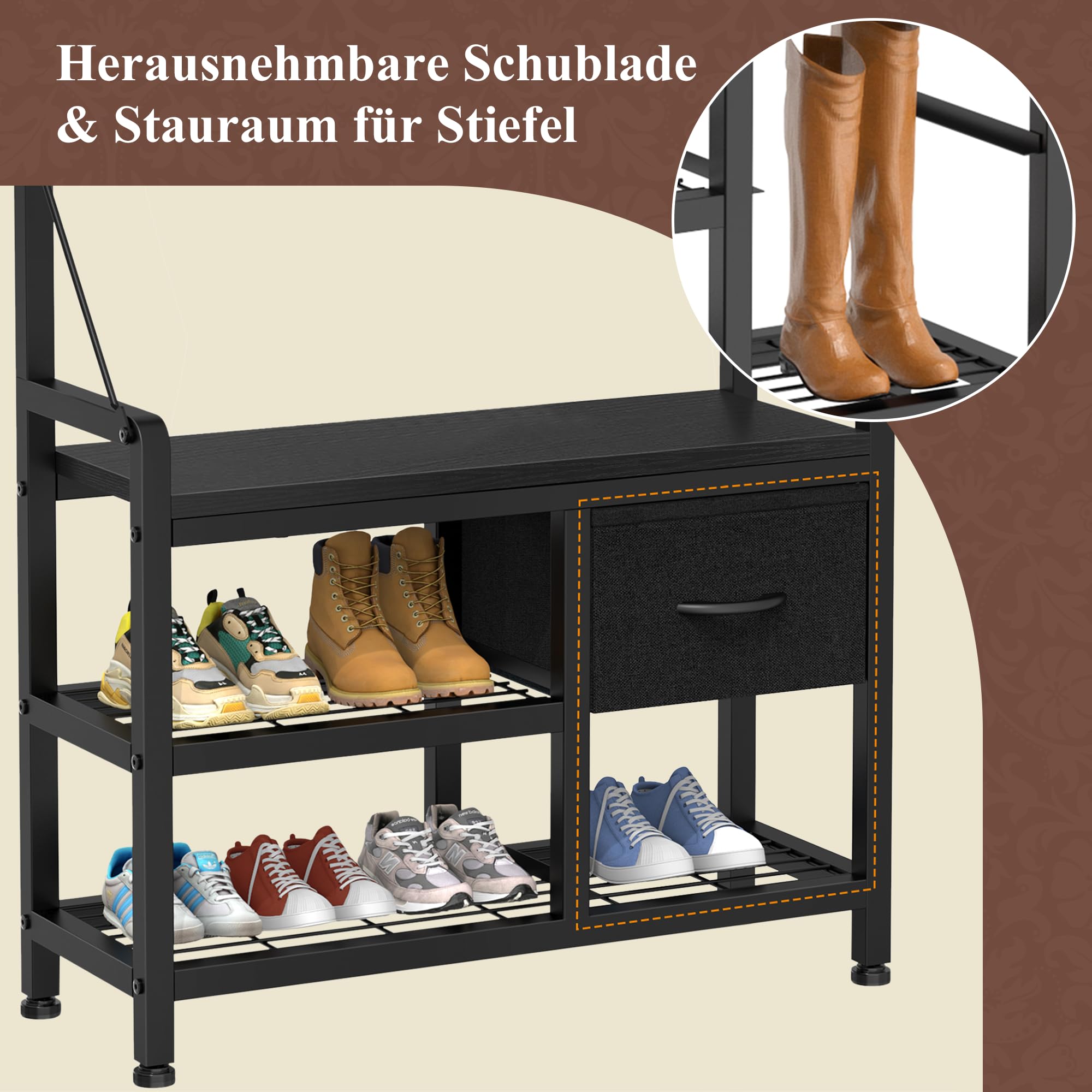 Garderobenständer, Schuhregal mit Sitzfläche und 2 Schubladen, Kleiderständer mit 17 Abnehmbaren Haken, 5 In 1 Design, Metallrahmen, für Flur, Wohnzimmer, Eingänge (Schwarz)