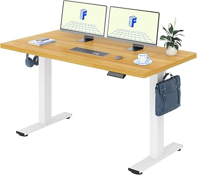 FLEXISPOT Höhenverstellbarer Schreibtisch 140×80cm, mit Haken und 25mm EINTEILIGER Tischplatte, ergonomischer Schreibtisch mit LED-Höhenanzeige und Memory-Funktion (Ahorn, Weiß)