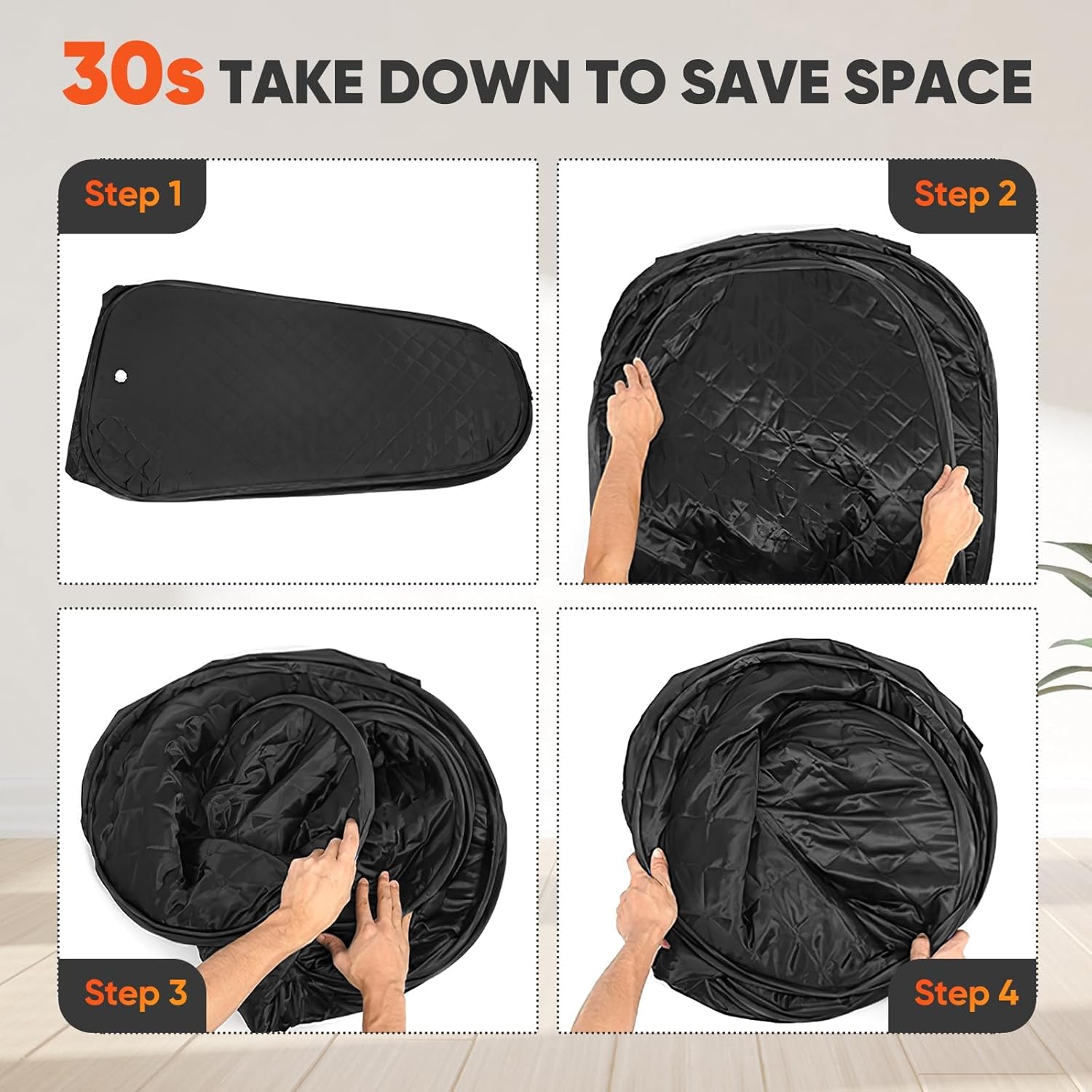 Step-by-step guide on how to fold and store the Steupoek Portable Steam Sauna tent.