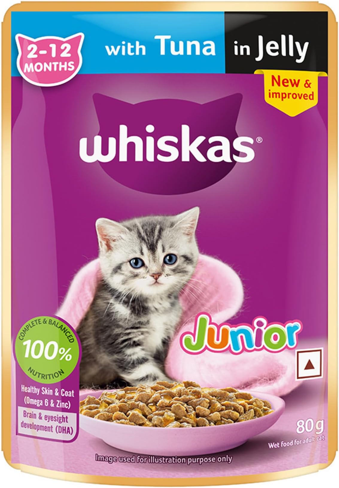 Whiskas Junior Kitten (2-12 Months) Wet Cat Food, Tuna in Jelly, 80 g, Hydrating Food Made With Real Fish, 100% Complete & Balanced Nutrition for Kittens