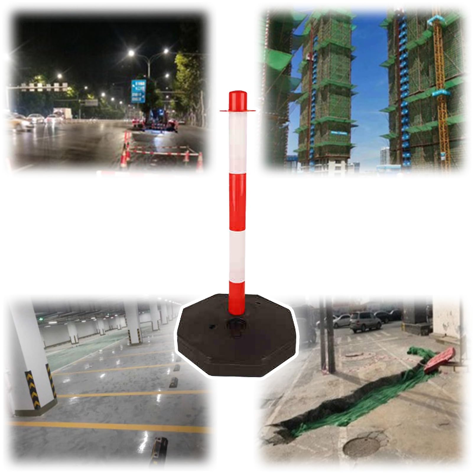 Bolardo de seguridad vial, poste delimitador portátil desmontable con base estable rellenable, conos de seguridad para uso interior y exterior, rojo, 62 cm de alto (24 3/8").