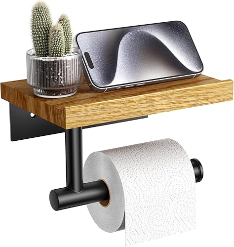 Tindbea Soporte de papel higiénico con estante de madera, soporte de papel higiénico de madera para montaje en pared, soporte para rollo de papel