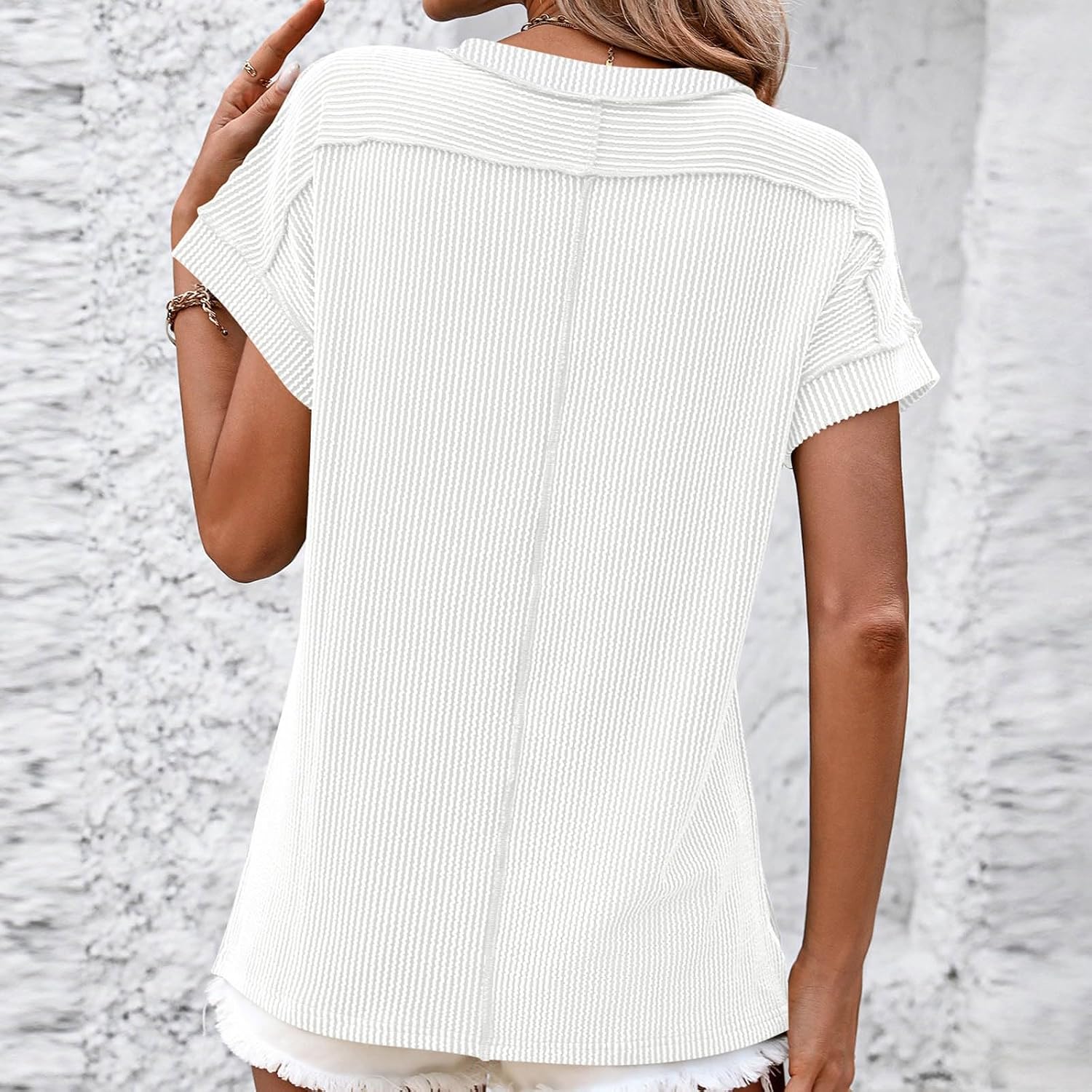 Womens Ribbed Knit Tops Stripe Color Block Shirts Casual Loose Fit Round Neck Short Sleeve Side Split Tees Blouses