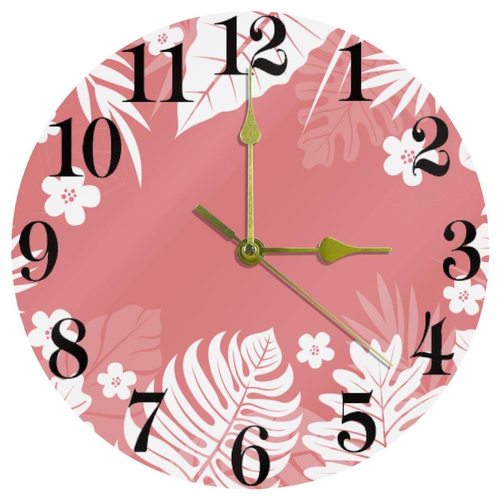 Grande horloge murale ronde 25,4 cm feuilles exotiques tropicales rose pastel et blanc moderne