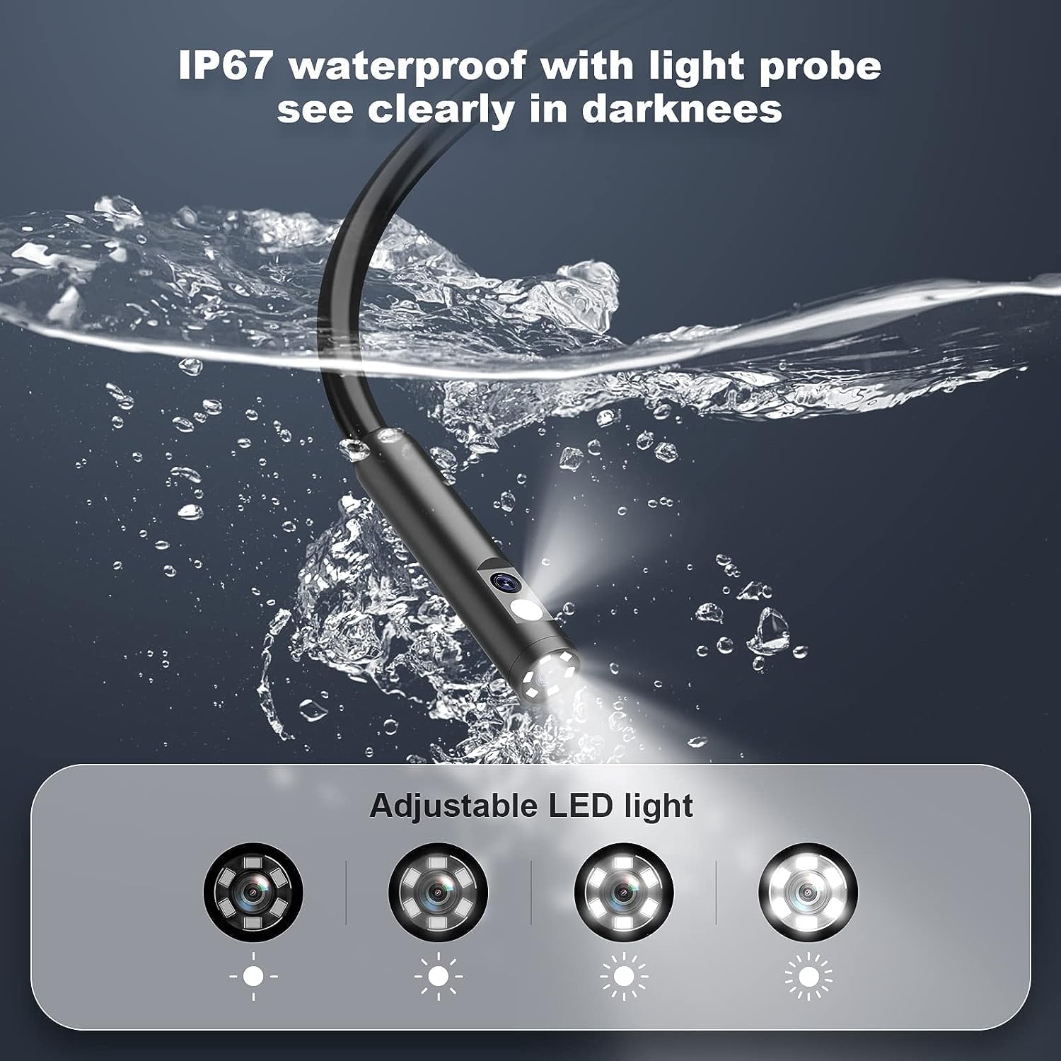 Endoscope camera probe submerged in water, demonstrating its IP67 waterproof rating and adjustable LED lights.