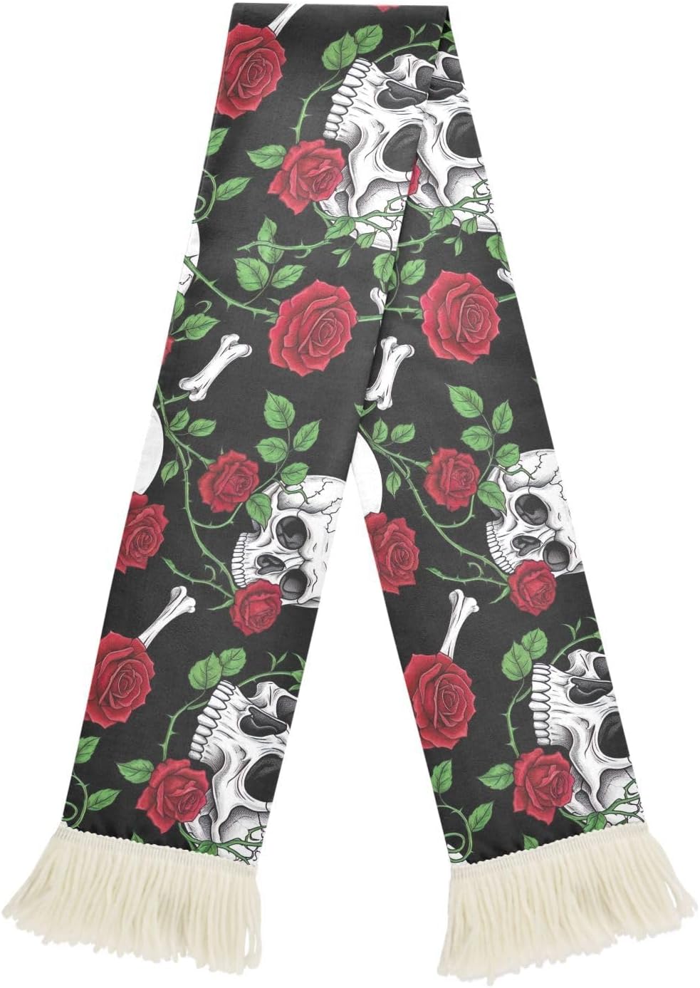 CHIFIGNO White Skulls Roses Green Black Sports Fan Scarf Towel, Soft Absorbent Polyester Cheering Wrap for Soccer Games, Quick Dry with Fringe Ends