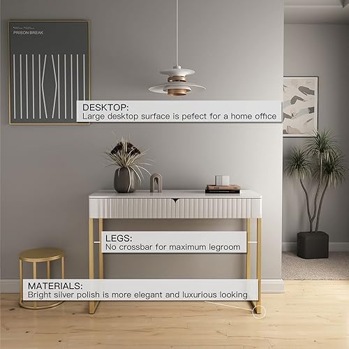 Miniatura 7 de Escritorio elegante y moderno, 2 cajones, patas doradas, 43.3 x 15.75 pulgadas, oficina en casa, tocador de maquillaje, computadora, escritura,