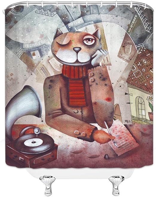 Amazon Co Jp Hiyash 働く犬シャワーカーテンファンタジーイラストかわいい動物犬装飾シャワーカーテン漫画クリエイティブファブリックバスルームデコレーションセットフック付き70インチグレー Home Kitchen