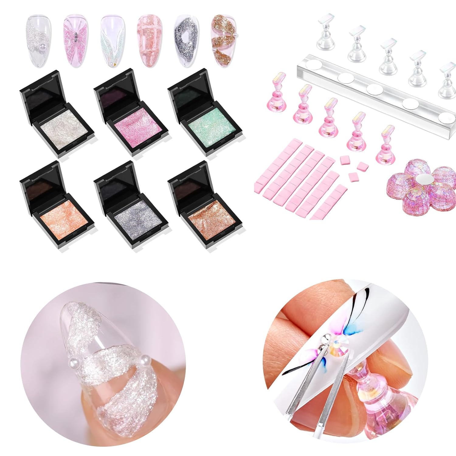 Makartt Nail Stand for Press On Nails Display Bundle with No Wipe 3D UV Nail Gel, Sculpting Gel for Nail Art Kit, 6 Colors Fairy Aurora Powder Gel Set