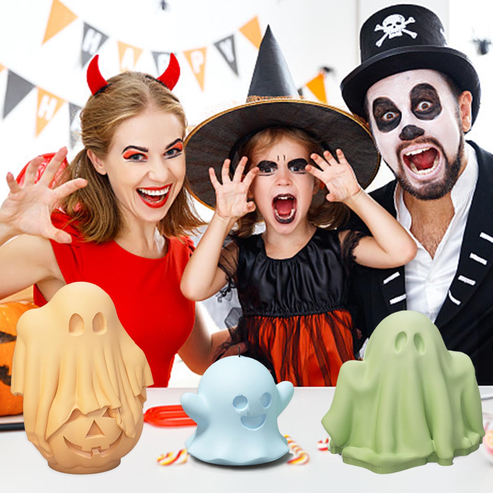 Siliconen Ghost Mold, 3 Stuks/2 Stuks Ghost Hars Mal voor Epoxy Gieten, 3D Skelet Kaars Mallen, Halloween Hanger Casting Mallen voor DIY Ambachten