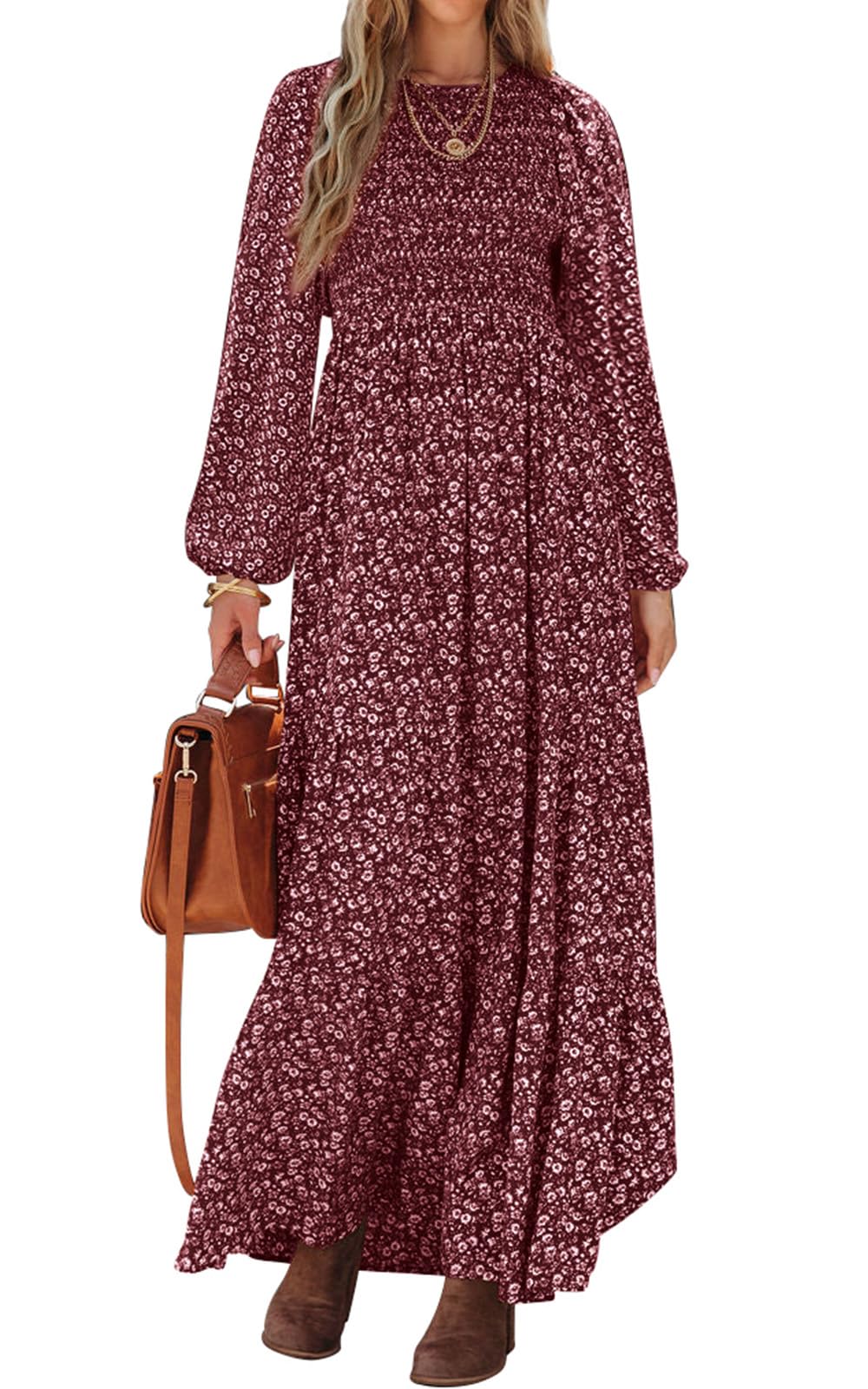 PRETTYGARDEN Womens Fall Dresses 2025 Long Sleeve Flowy Casual Floral Maxi Dress Crew Neck Smocked Tiered Long Dress