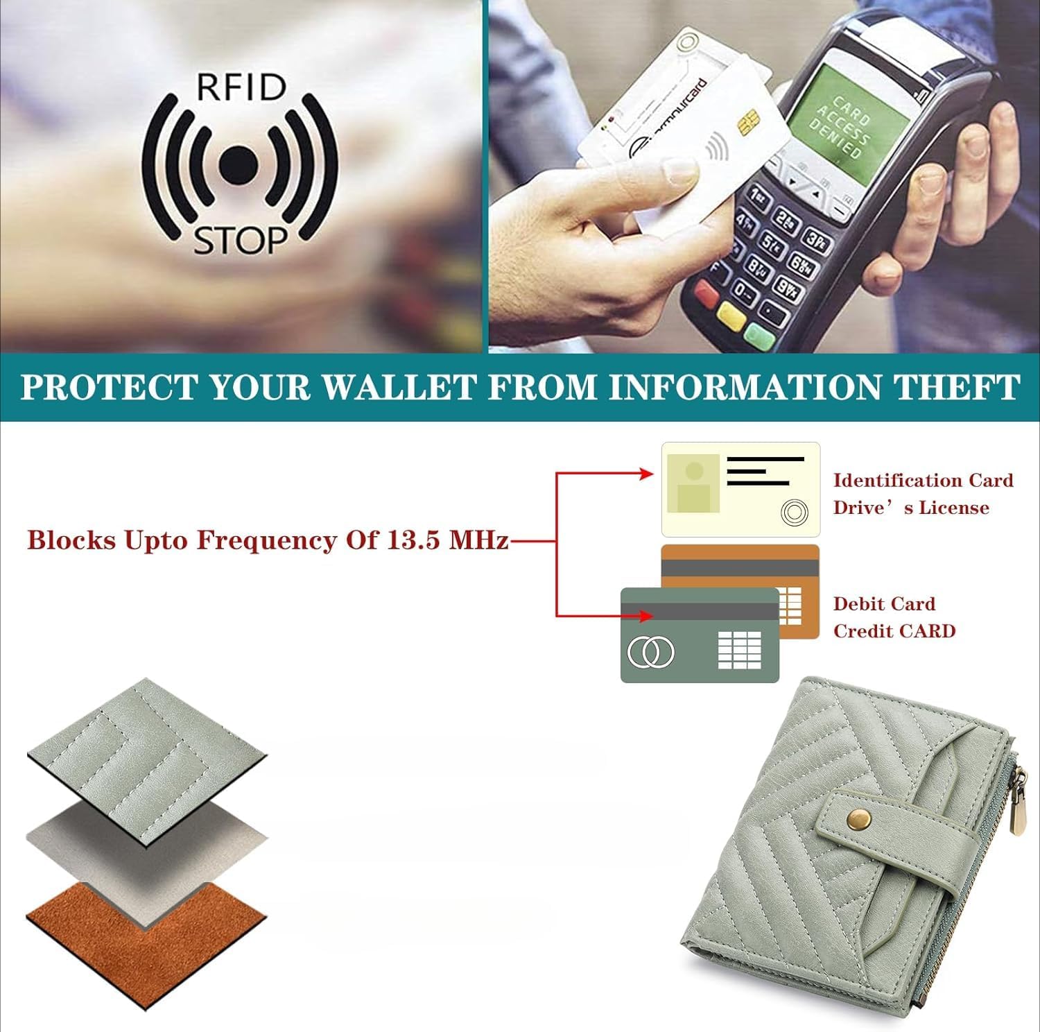 Small Bifold Genuine Leather Wallet for Women RFID Blocking Compact Design with ID Window (Light green)