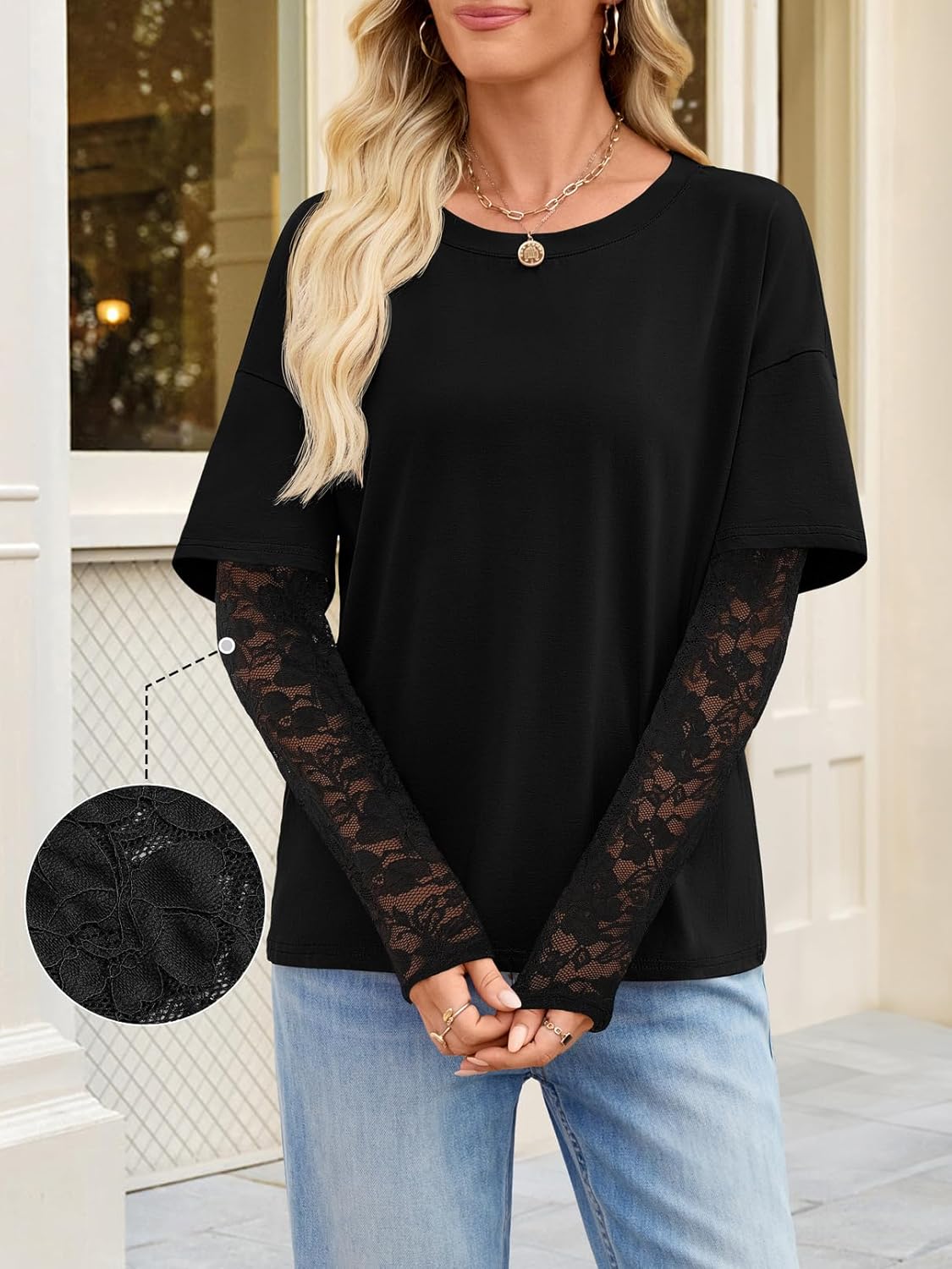 MEROKEETY Women's 2025 Fall Long Lace Sleeve Tops Casual Crew Neck Trendy Cute T Shirts Blouses - Image 4