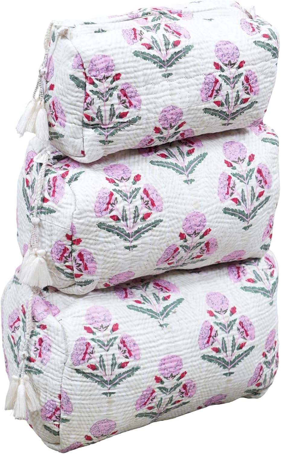 INDACORIFY Quilted Cosmetic Bags Set, Set of 3 Makeup Bags, Quilted Toiletry Bags, Floral Block Printed Bags, Indian Purse For Women's