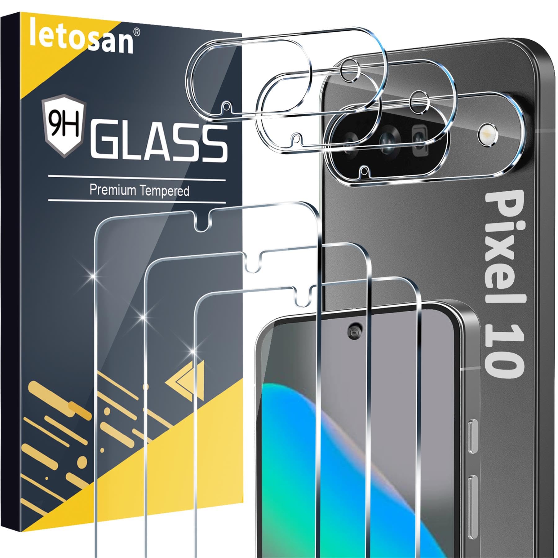 Photo 1 of letosan 3 Pack for Google Pixel 10 Screen Protector Tempered Glass + 3 Pack Camera Lens Protector, Military Grade Shatterproof, 9H Hardness, Fingerprint Unlock,Case Friendly 6.3 Inch