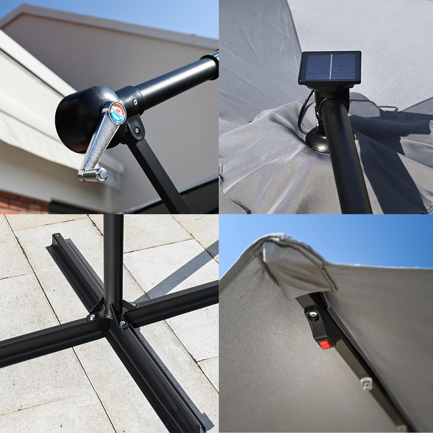 LEHMANN Sonnenschirm mit LED-Solar-Beleuchtung, Ampelschirm mit Ständer & Kurbel, Gartenschirm Wasserdicht & UV-Schutz, 360° drehbar, inkl.Schutzhülle, Sonnenschirm für Garten und Terrasse