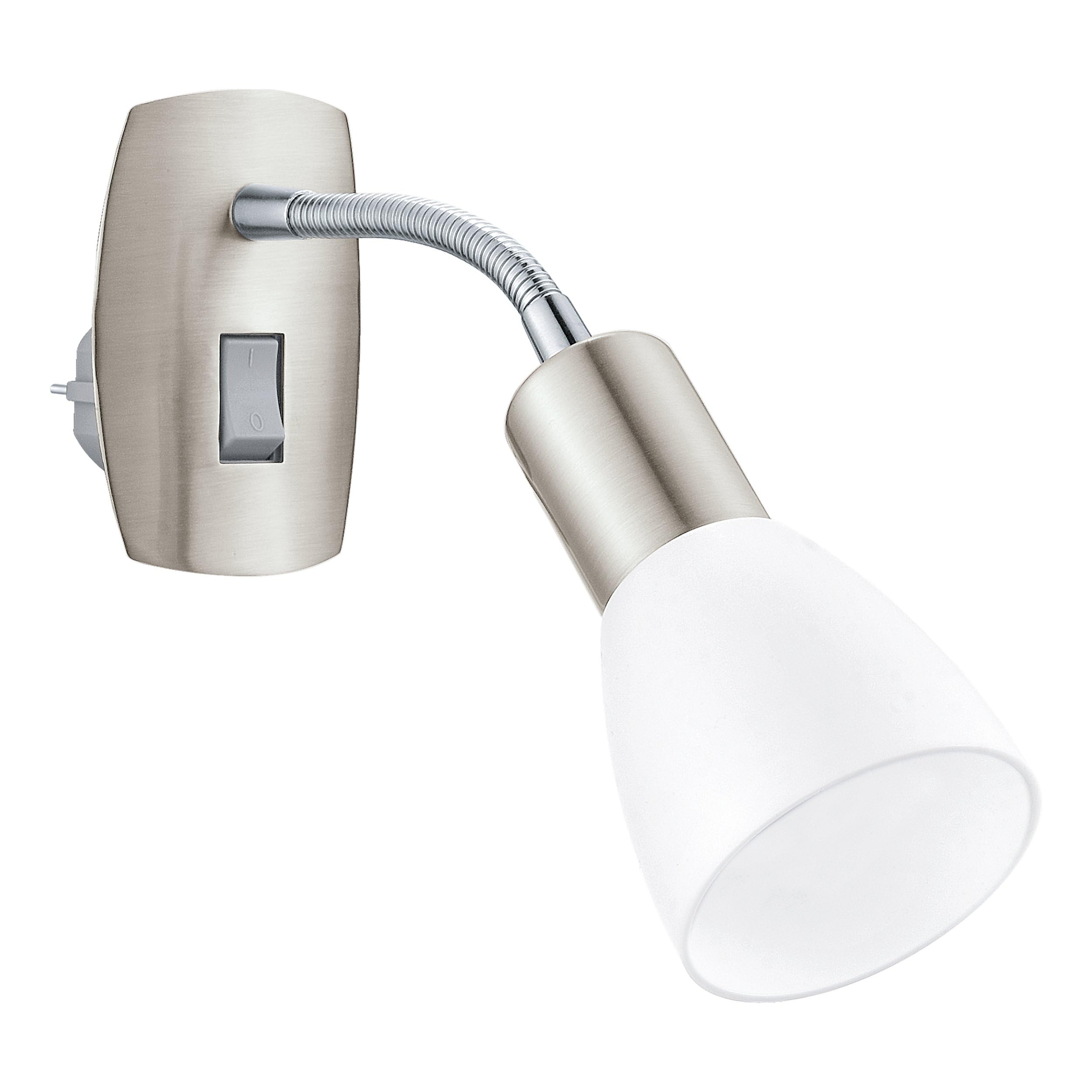 Eglo Night Light Plug in wall Dakar, Spotlight with Switch, Reading lamp, Metal in Silver and White Plastic, E14 Socket