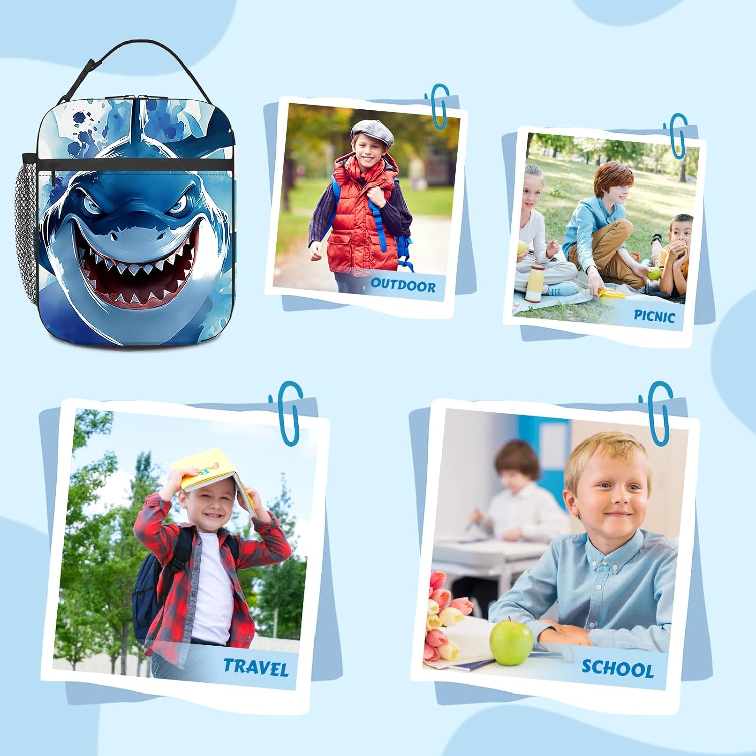 Kids Lunch Box, Shark Insulated Lunch Box for Toddler Boys Girls with Water Bottle Holder, Reusable Shark Lunch Bag for School Work Office Travel Picnic Hiking Beach, Fit Most Bento Boxes - Image 7