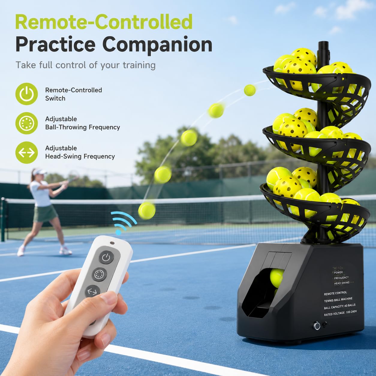 Lanciatore di palline da tennis con telecomando e batteria ricaricabile 10H