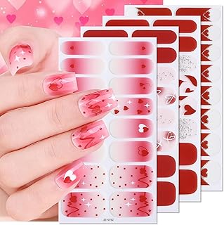 Valentine Gel Nail Strips Heart Nail Stickers French Tips No UV Light Glitter Pink Red Design Full Cover Nails Wraps Glossy Romantic Nails Strips for Women DIY Date Nails Art Accessories 4Sheets