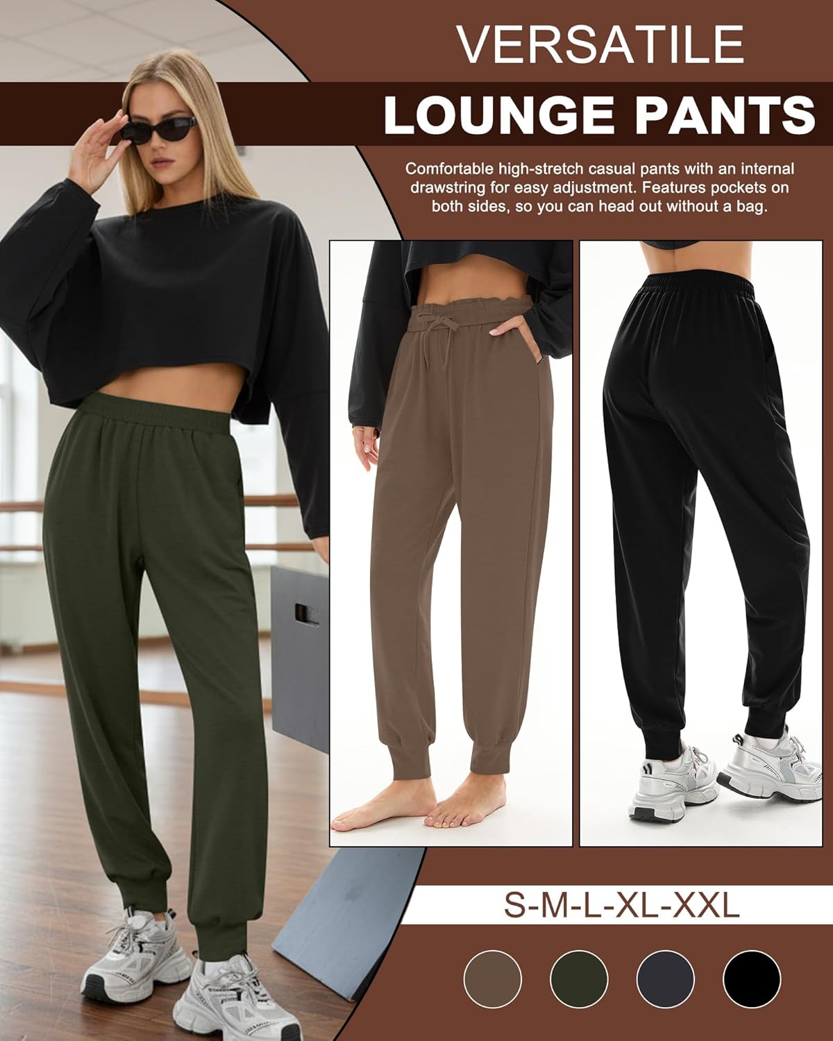4 Pack Women's Jogger Pants with Side Pockets Drawstring Elastic Waist Sweatpants Ribbed Cuff Bottom Lounge Pants - Image 5