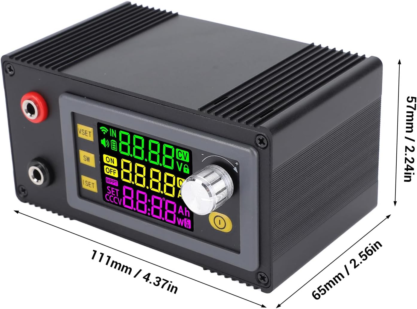 Dimensions of the Eujgoov XY-6509 DC Voltage Regulator: 111mm length, 65mm width, 57mm height.