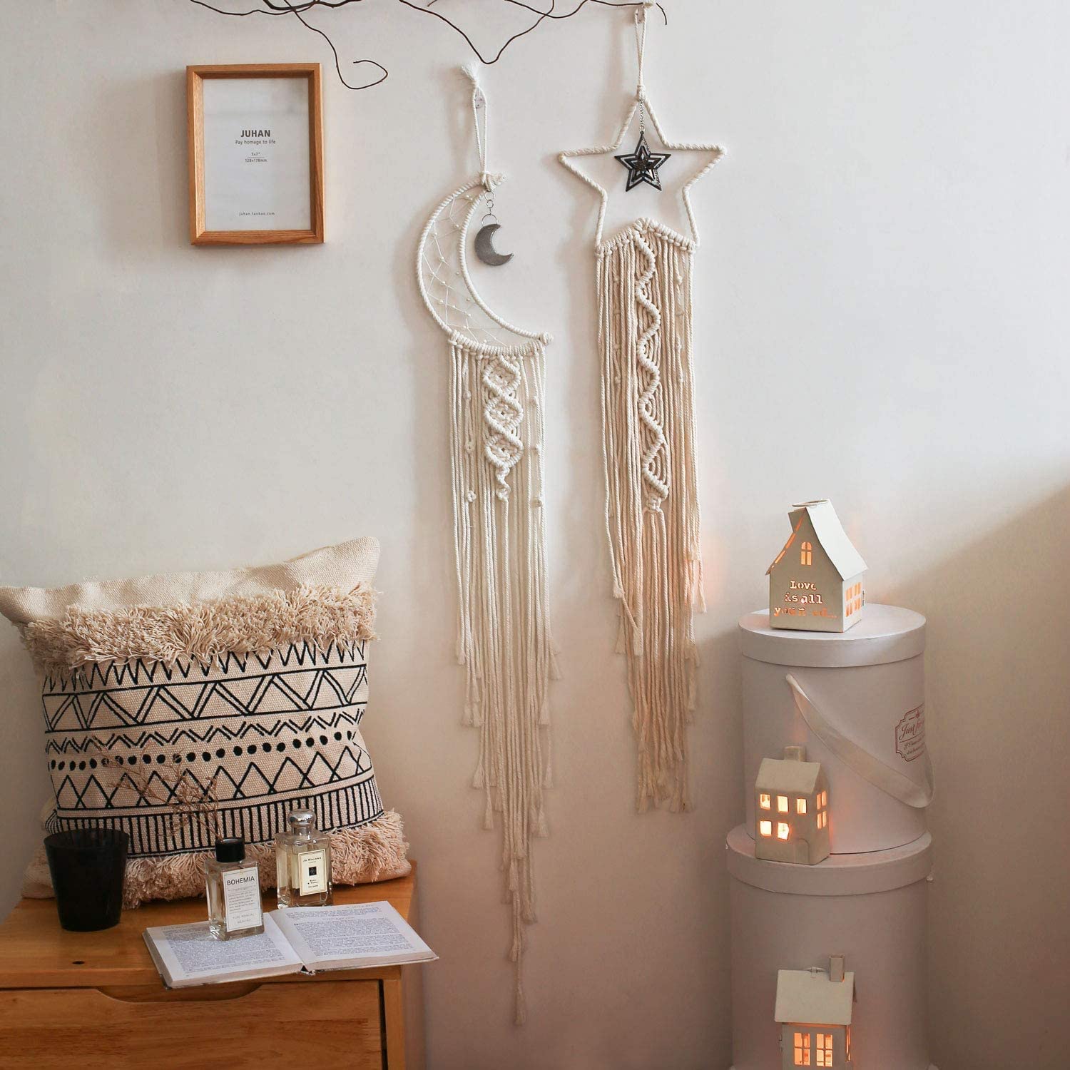 Set De 5 Attrape-Rêves Phases Lunaires Boho - Décoration Murale Macramé Blanc, Style Mystique Et Naturel