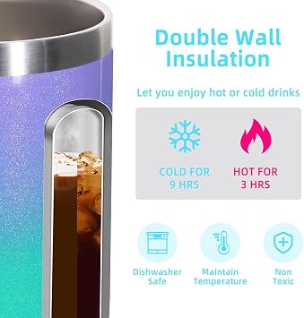 Volhoply 14oz Insulated Stainless Steel Coffee Mug with Leakproof Lid,Double Wall Vacuum Travel Coffee Cup with Handle,Reusable Metal Tumbler,Camping Mugs Keep Hot,Christmas Gifts(Purple Green,1)