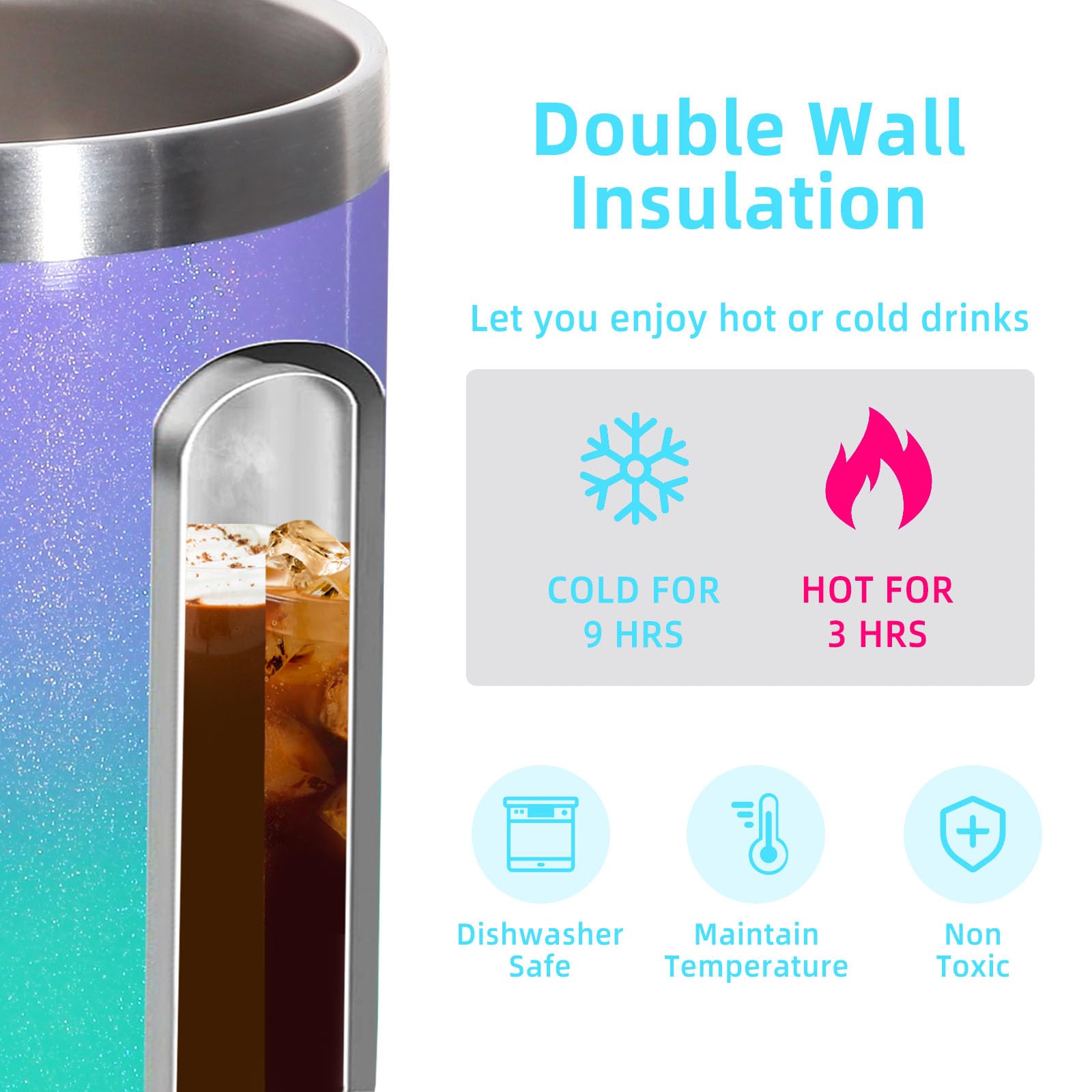 Volhoply Lot de 4 tasses à café isothermes en acier inoxydable de 414 ml avec couvercle – Tasse à café de voyage à double paroi sous vide avec poignée – Gobelet réutilisable pour garder au chaud
