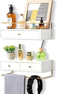 Floating Shelves With Drawers Set of 2, Wall Mounted Bathroom Storage, R...