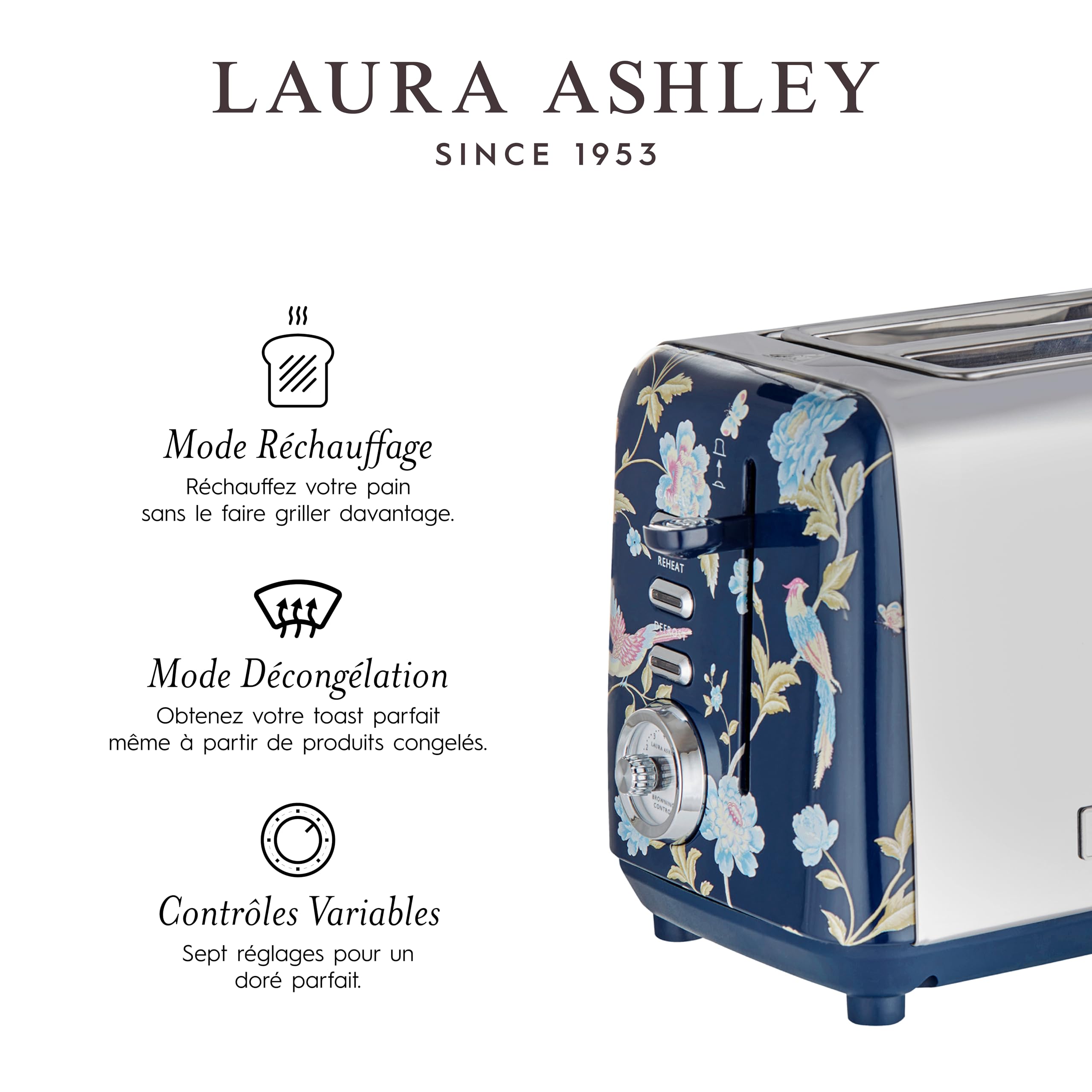 Laura Ashley Ensembles Bouilloire et Grille-Pain par VQ – Bouilloire Electrique 1,7 L à Ébullition Rapide et Grille-Pain 2 Tranches avec Fonctions Décongélation et Réchauffage – Elveden Bleu