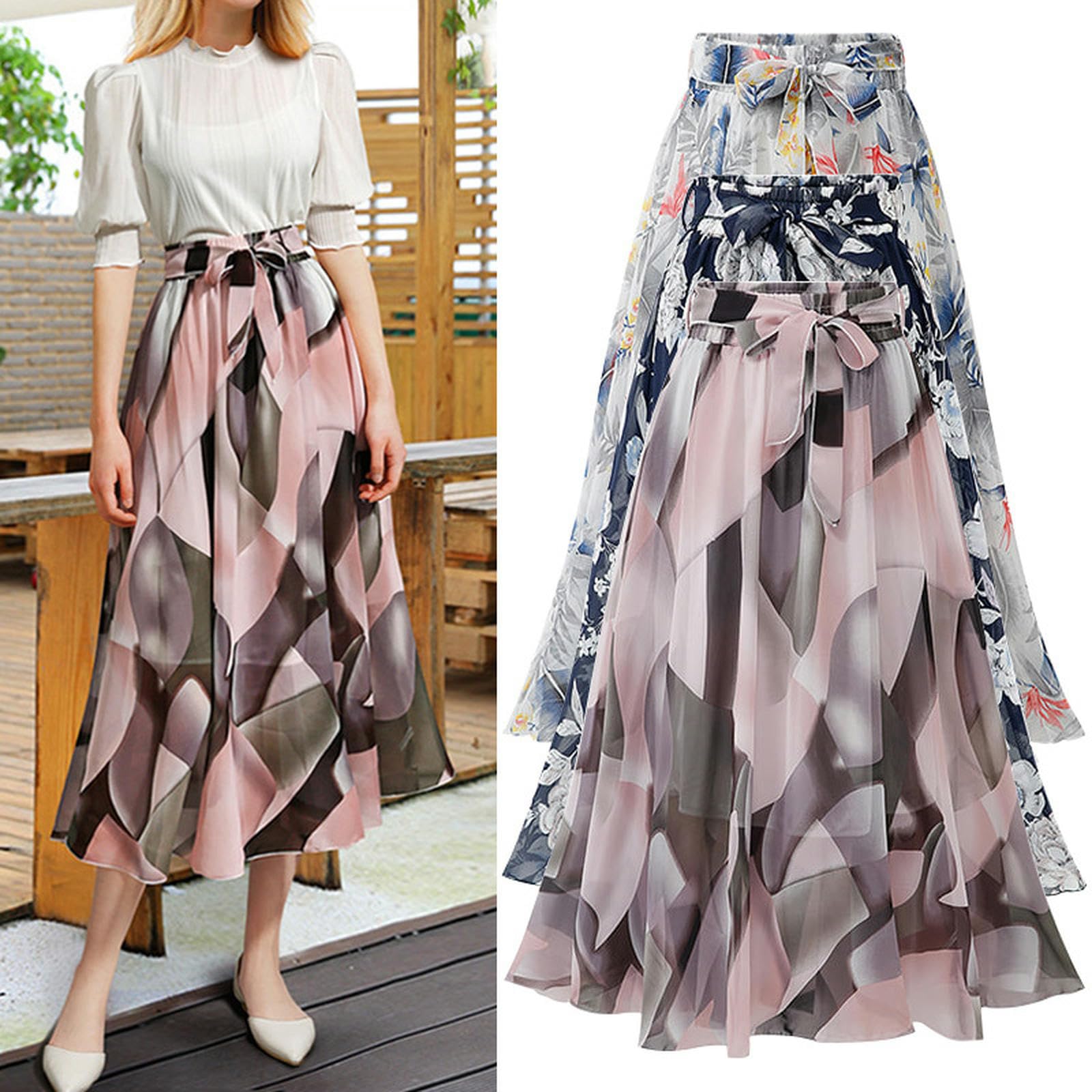 Röcke Frauen In Übergröße Midi Chiffon Rock - Sommer Blumenhoch -Taille Slim A -line -Rock Frauenröcke-rosa-5xl