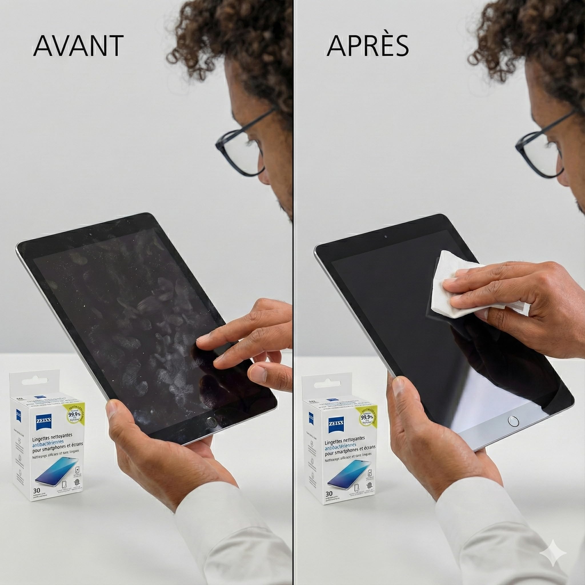 Zeiss - Lingettes Nettoyantes Antibactériennes pour Smartphones et Écrans - Boîte de 30 - Éliminent 99,9% des Bactéries - Microfibres sans Rayures - Sachets Individuels - Compatibles Tous Écrans