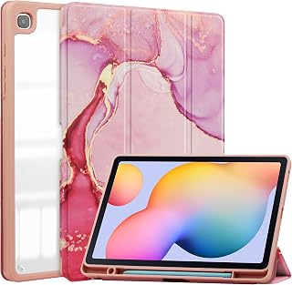 KuRoKo Galaxy Tab S6 lite 10.4 Sleep Case with Pen Holder- Ultra Slim Lightweight Shockproof Cover with Clear Transparent Back Shell for Galaxy Tab S6 lite 10.4 SM-P610/P615-Marble Pink