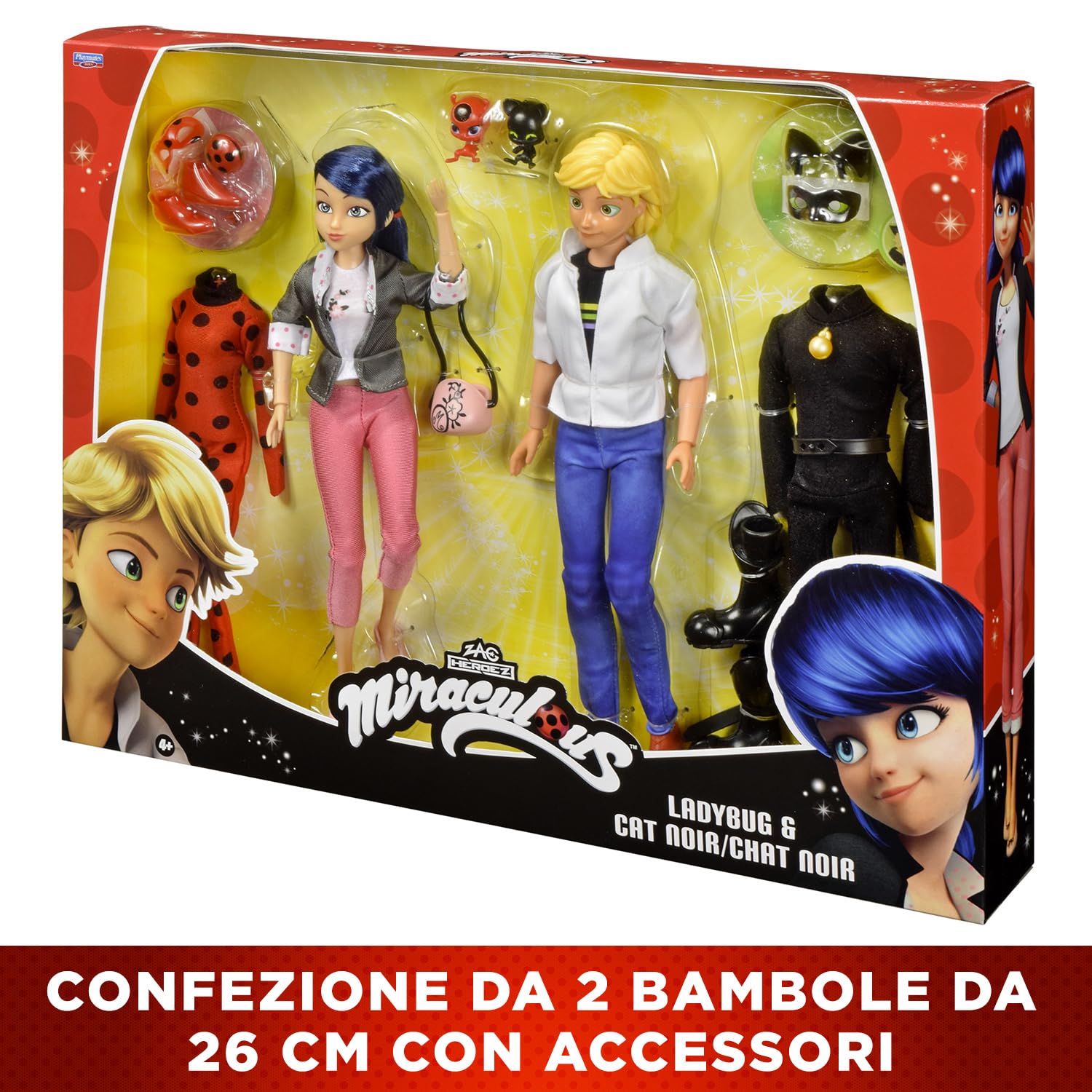 BANDAI – Miraculous – Confezione 2 bambole Marinette e Adrien con 2 abiti (Ladybug e Chat Noir) – Set regalo Miraculous 2 figure 26cm – Idea regalo per bambini – Giocattolo dai 4 anni in su – P50359