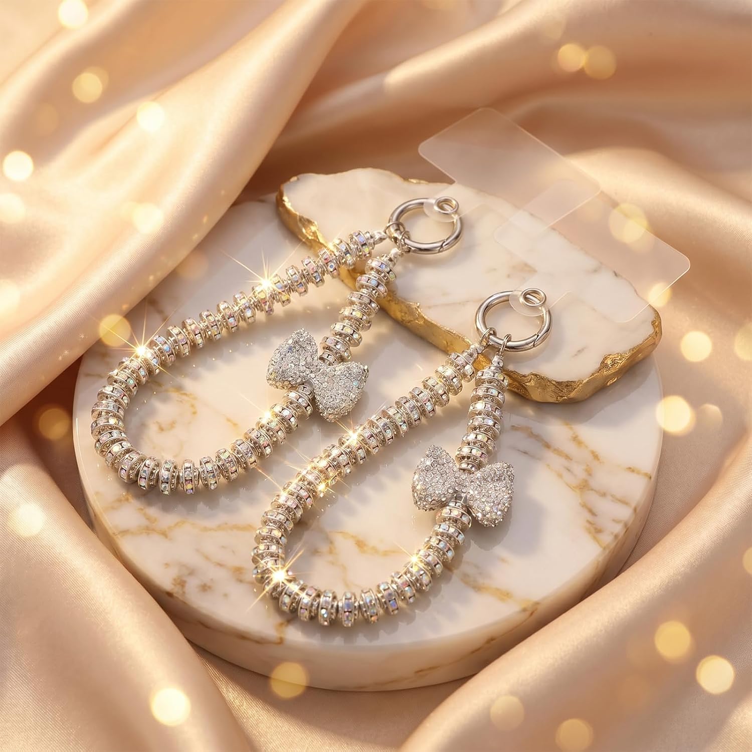 Amabro 2Pcs Diamond Rhinestone Beaded Phone Wrist Strap＆Tether Tab Women image 3