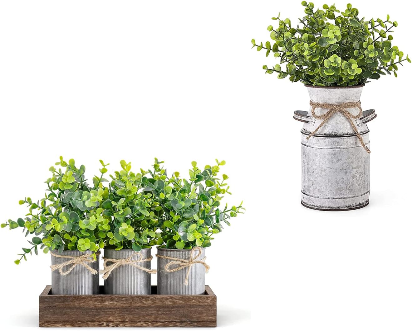 Dahey Metal Flower Vase with Artificial Eucalyptus and Table Centerpiece Decor Wood Tray with Artificial Eucalyptus for Farmhouse Decor