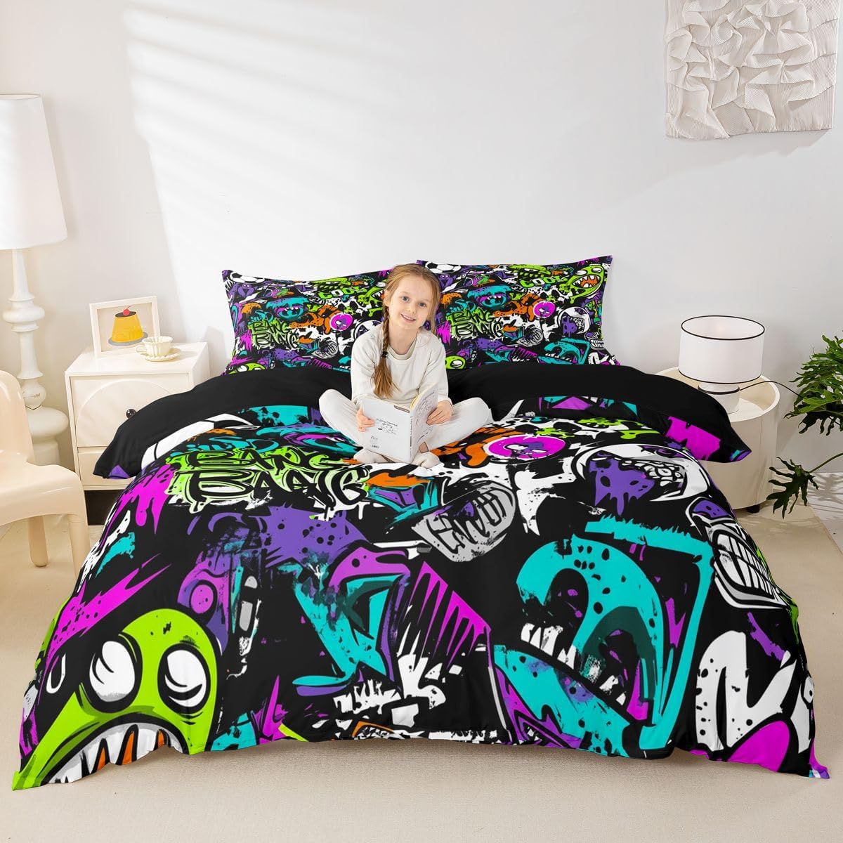 Feelyou Hip Hop Hipster Comforter Cover Set Kids Boys Hippie Graffiti Pattern Duvet Cover Street Culture Bedding Set Watercolor Art Bedspread Cover with 1 Pillowcase 2Pcs Twin Size…