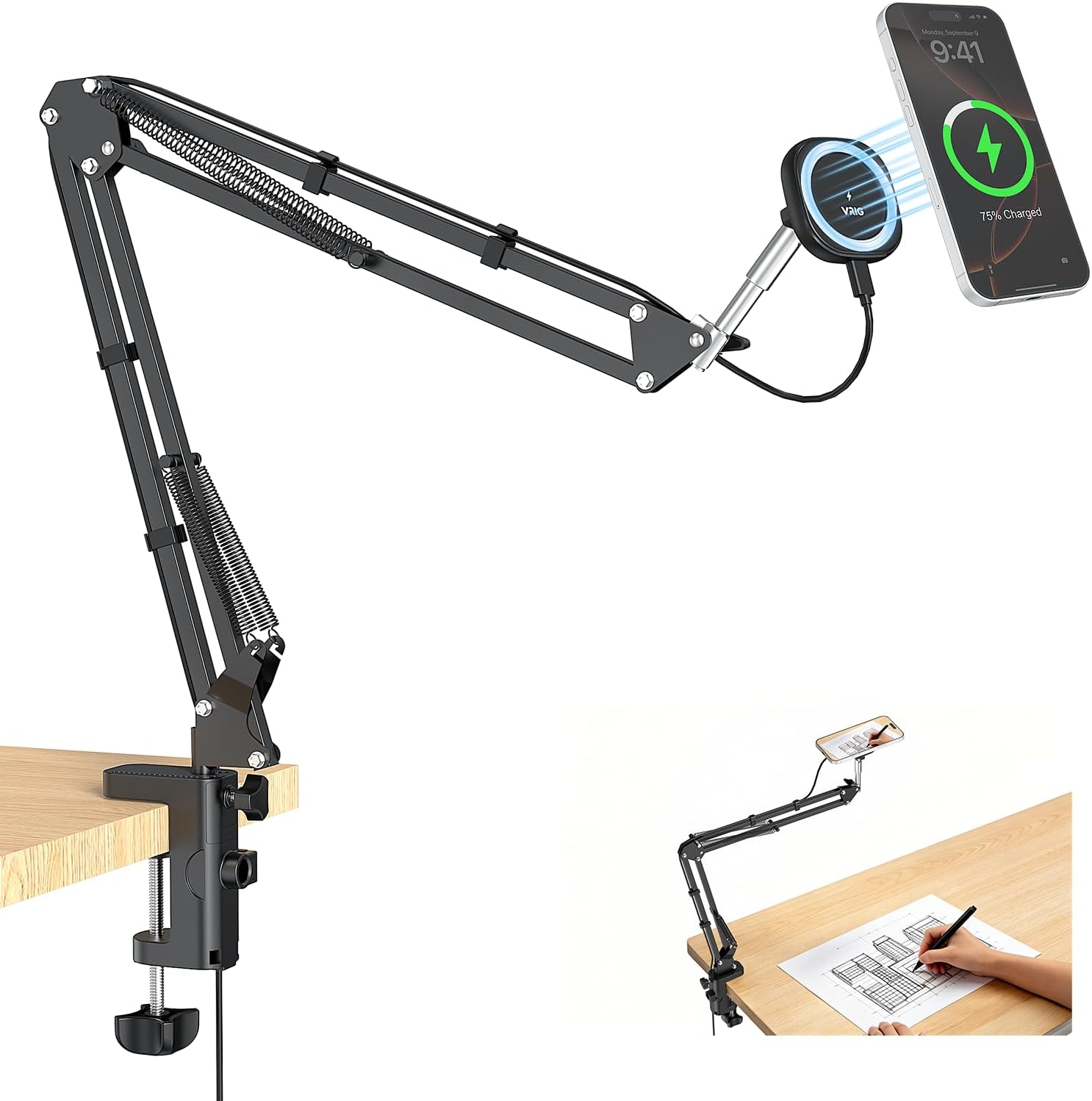 VRIG Magnetic Wireless Charger Phone Holder for Bed Desk, Flexible Articulating Table Mount, Overhead Stand Compatible with iPhone 17/16/15/14, Great for Video Recording, Zoom Meeting, Live Streaming