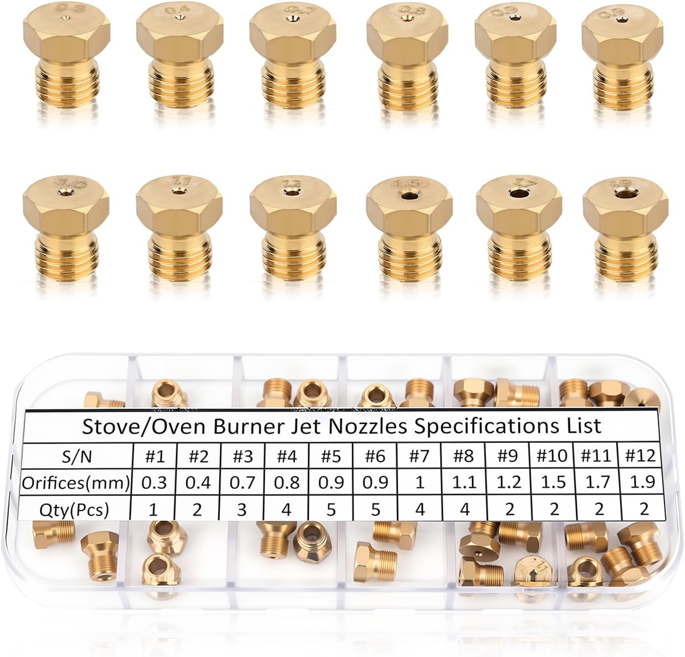 Range Stove Oven Orifice Conversion Kit, Aperture Sizes Include 0.3/0.4/0.7/0.8/0.9/1.0/1.1/1.2/1.5/1.7/1.9Millimeters,M6x0.75Propane LP Natural Gas Brass Burner Nozzles Replacement Parts,36Pieces