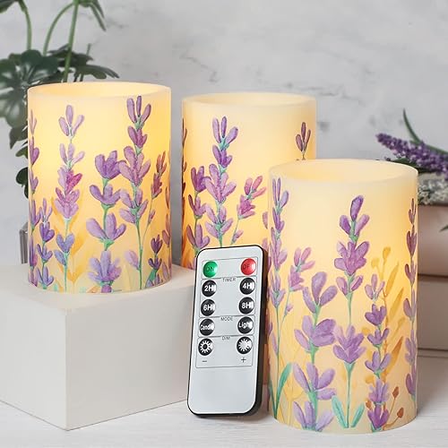 Silverstro LED Christmas Candles with Remote Real Wax Flickering Lavender Battery Operated Candles - Home Bedroom Party Botanical Holiday Decor - Set of 3