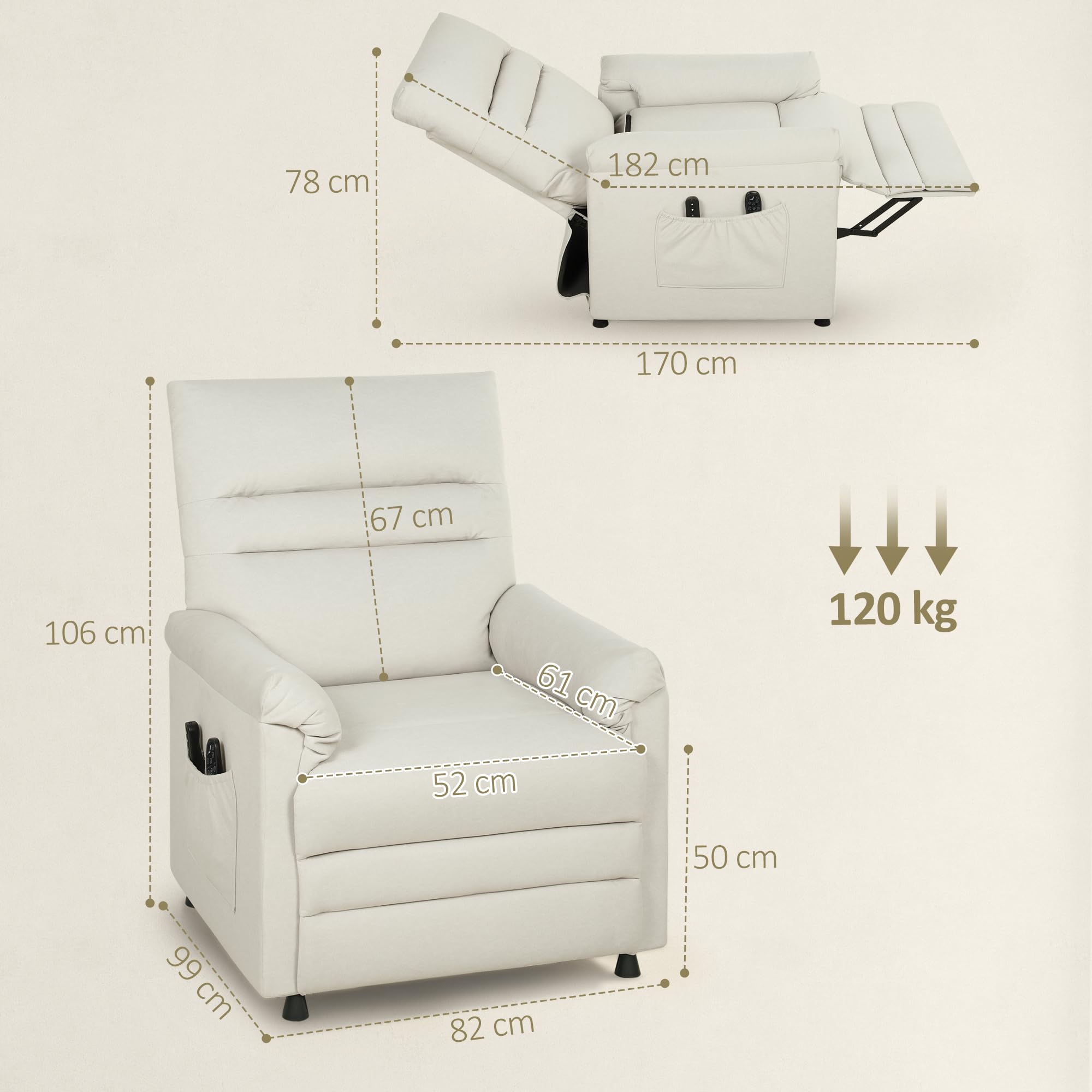 HOMCOM Fauteuil Relax électrique massant et Chauffant, Fauteuil inclinable en Velours adapté aux Animaux, Repose-Pieds, Moteur Silencieux, mémoire, Port USB, Poches latérales et télécommande, crème