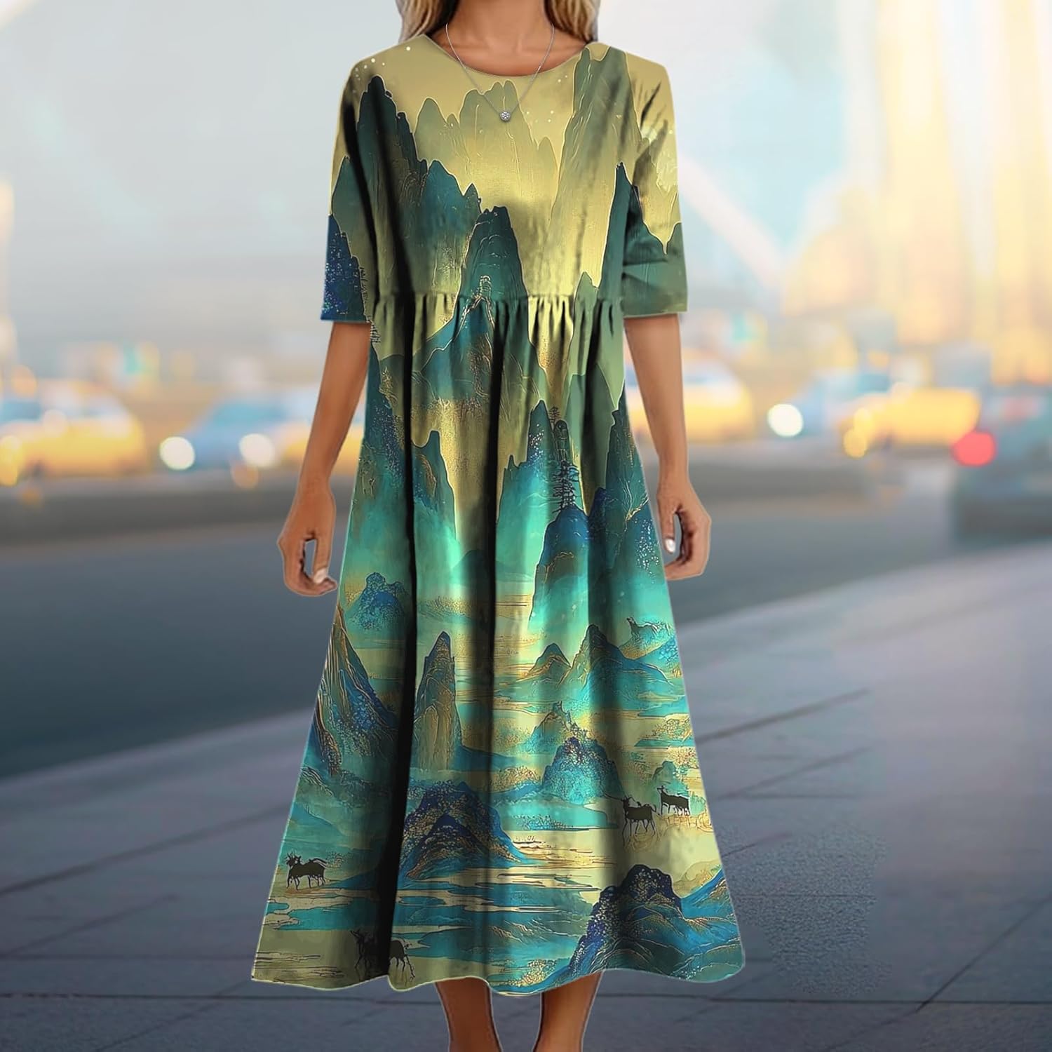 Women's Summer Maxi Dress Casual Boho Stylish Cotton Short Sleeve Flowy High Waist Long Beach Sundress - Image 2