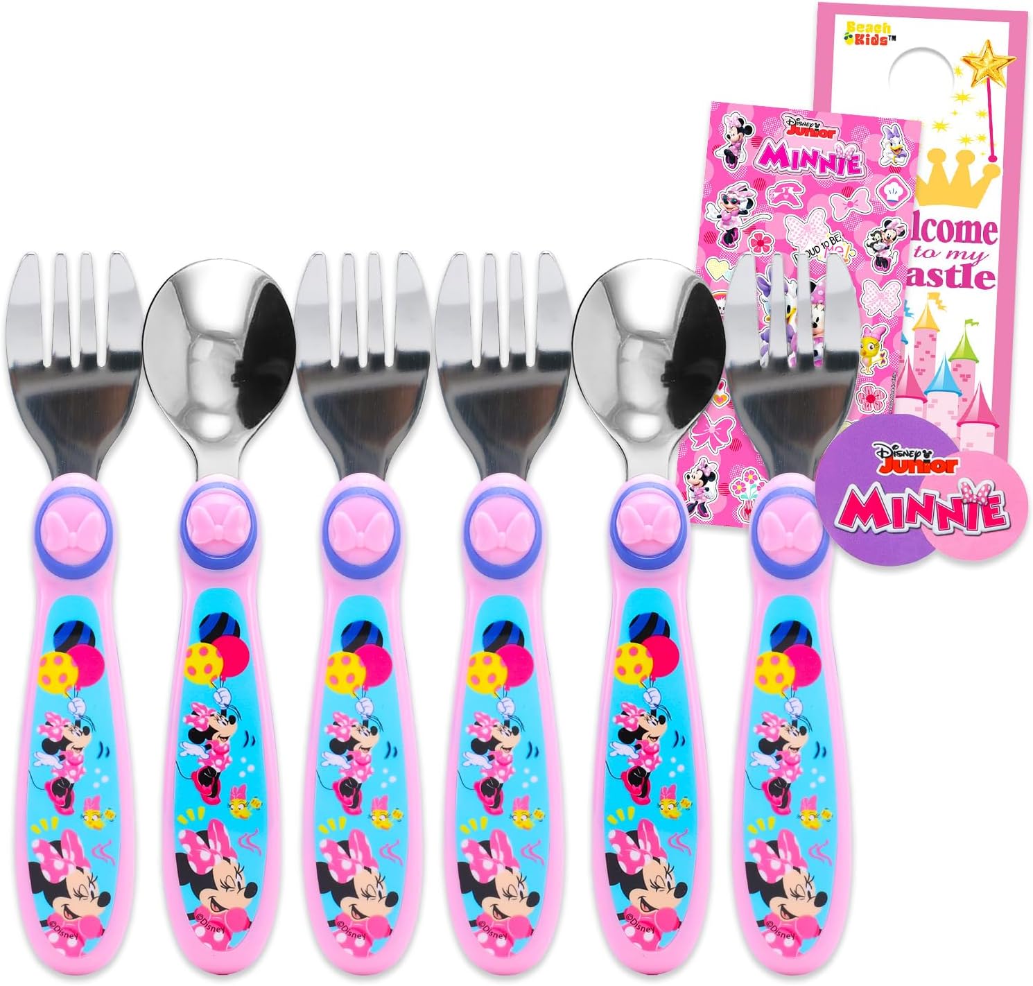Minnie Mouse Kids Cutlery Set - Bundle with 2 Travel Flatware Sets with Spoons and Forks Plus Stickers | Minnie Mouse Utensils for Girls, Kids
