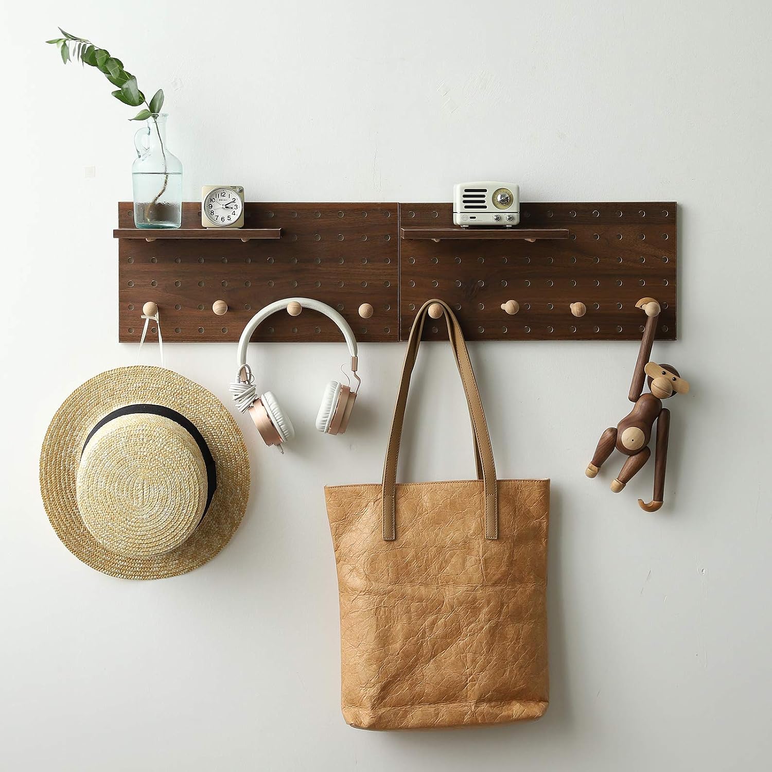 Wooden Pegboard Modular Display Organization Storage Wall Hooks Shelf(Color：Walnut)