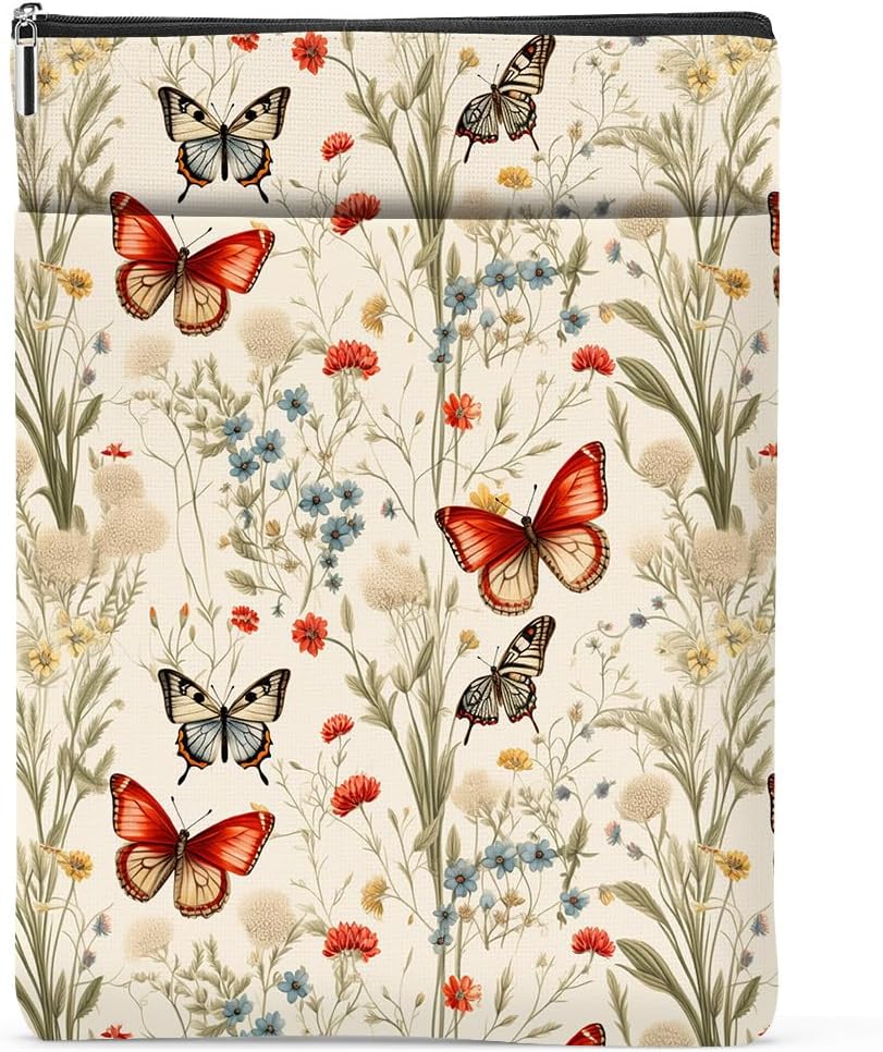Book Lovers Book Sleeve, Book Accessories Bookish Gifts Book Gifts Friendship Christmas Birthday Gifts for Women Floral Lovers Grandma, Aesthetic Book Pouch Book Protector, Flower Butterfly