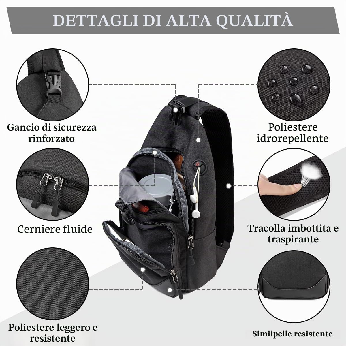 VASCHY Borsa a tracolla da uomo, borsa a tracolla multipla, per uomo e donna, impermeabile, per tutti i giorni, trekking, corsa, escursionismo