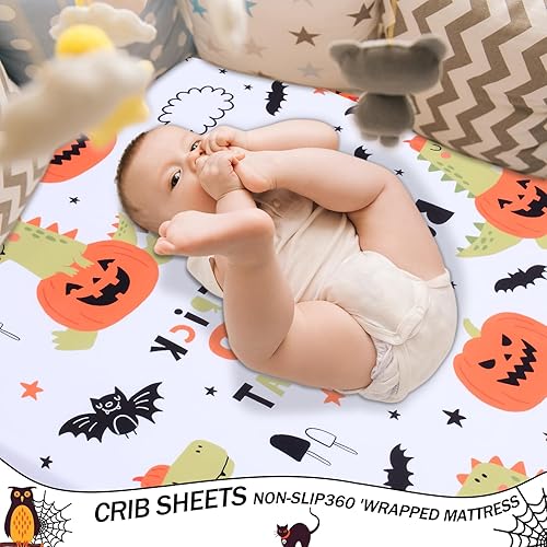 Miniatura 2 de Cloele Sábana bajera ajustable de dinosaurio de calabaza de Halloween para niños y niñas, 1 paquete, sábana acogedora para colchones estándar para