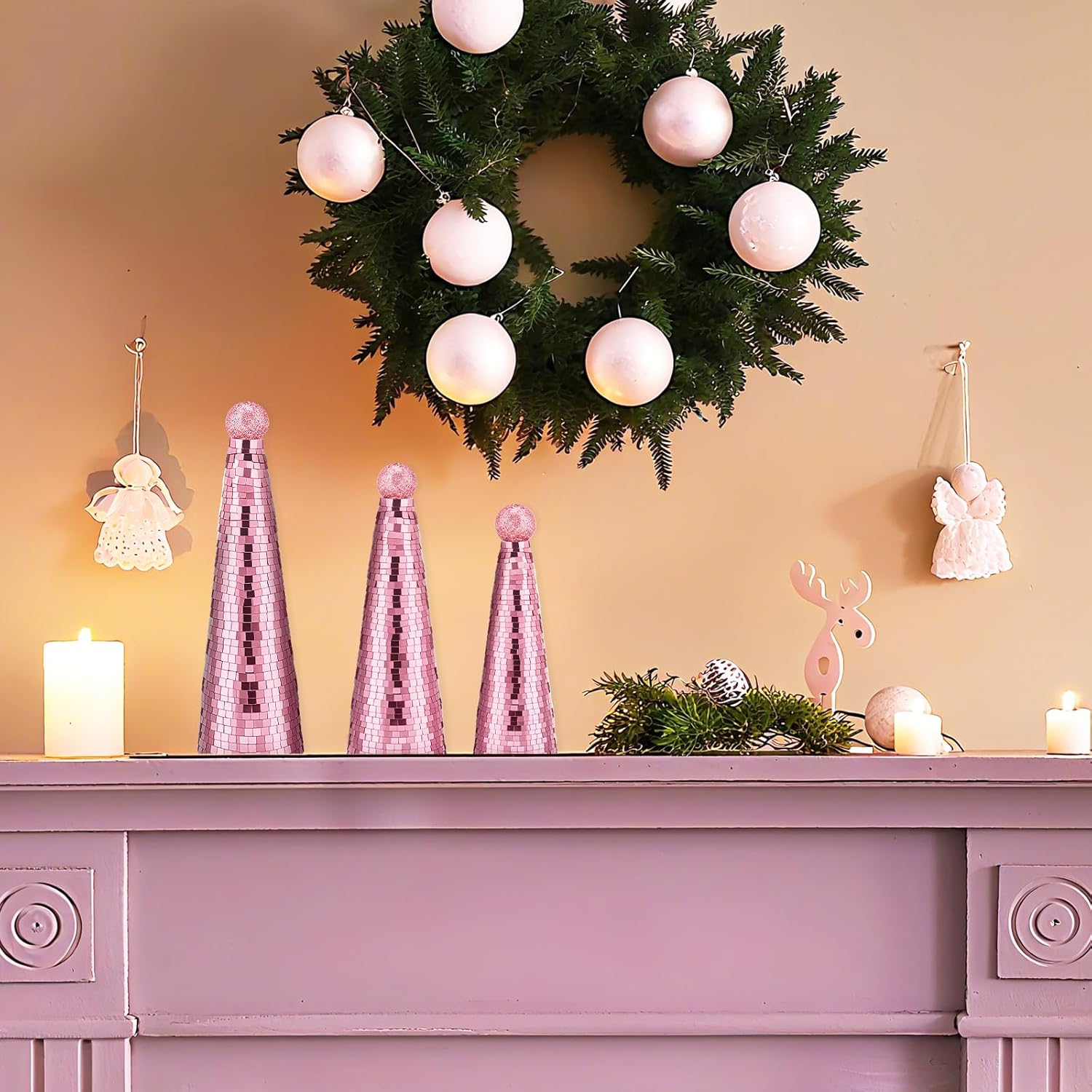 3Pcs Disco Christmas Tree Decoration Mirror Xmas Cone Shining Tree Tabletop Centerpiece Mantel for Party Supplies Home Thanksgiving Valentine Holiday Outdoor Indoor Decor (Pink)