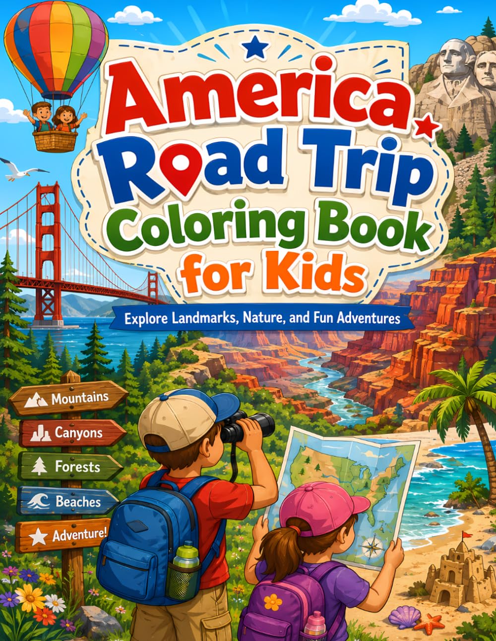 America Road Trip Coloring Book for Kids: A Fun Coloring Adventure Across the USA with Landmarks, Parks, Beaches, Mountains, Maps, Camping and Travel Scenes